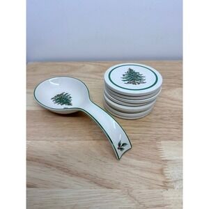 Spode Christmas Tree Spoon Rest/ 8 Cork Backed Coasters Set Holiday Kitchen #68